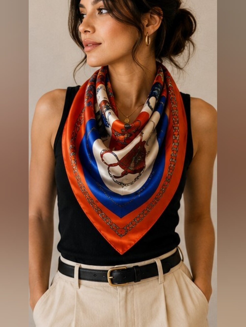 NEW 35” Silky Square Scarf Orange Blue Handbag Chain Print Fashion Wrap